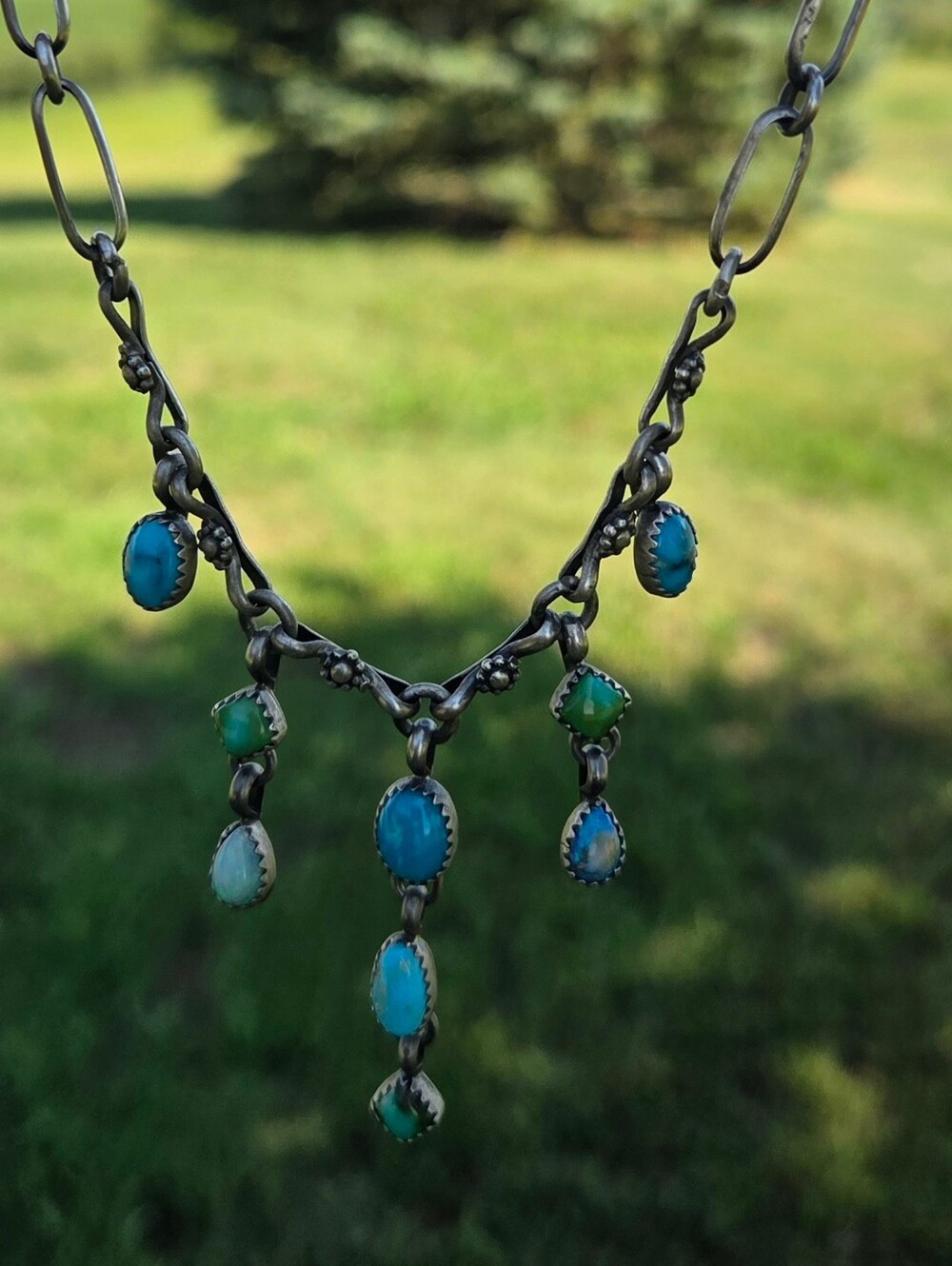 Navajo Brenda Jimenez Turquoise Opal Sterling Drop Pendant Necklace - Picture 2 of 8